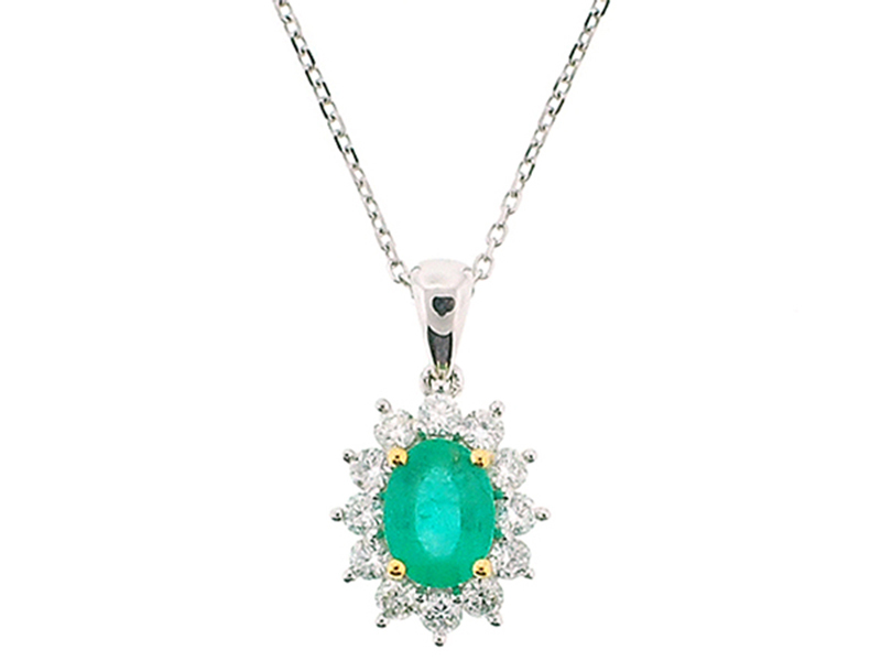 Solitaire Oval Emerald Pendant Surrounded by Diamonds Set in 18K White Gold with Yellow Gold Prongs