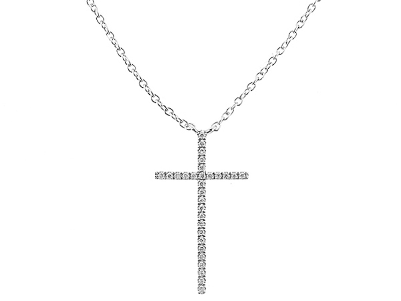 Thin Single Row Cross Pendant with Diamonds Set in 18k White Gold