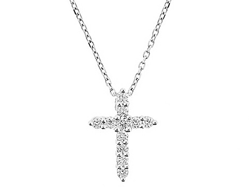 Tiny Cross Pendant with Round Diamonds Set in 18k White Gold