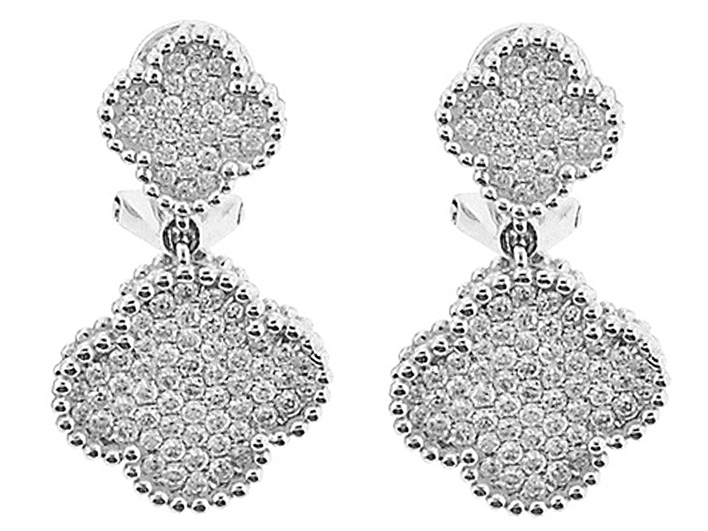 Clover Dangling Earrings with Pavé Set Diamonds Bordered by Beaded Milgrain in 18k White Gold