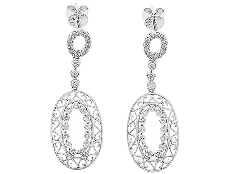 Dangling Oval Earrings with Filigree Design and Diamonds in 18k White Gold