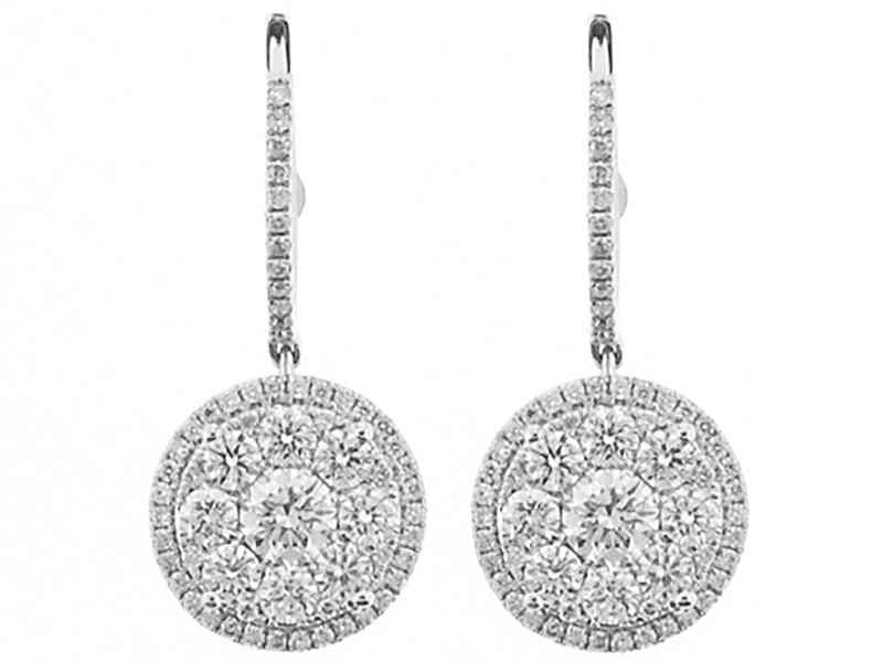Dangling Hoop Earrings with Round Clusters of Diamonds in 18k White Gold