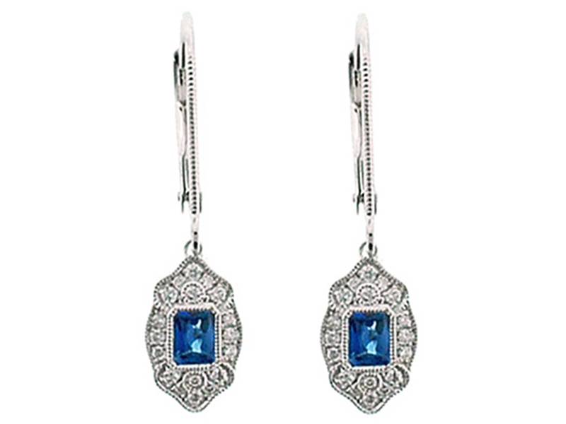 Vintage Inspired Sapphire Dangling Earrings with Bezel and Prong Set Diamonds and Beaded Milgrain Borders Set in 18K White Gold
