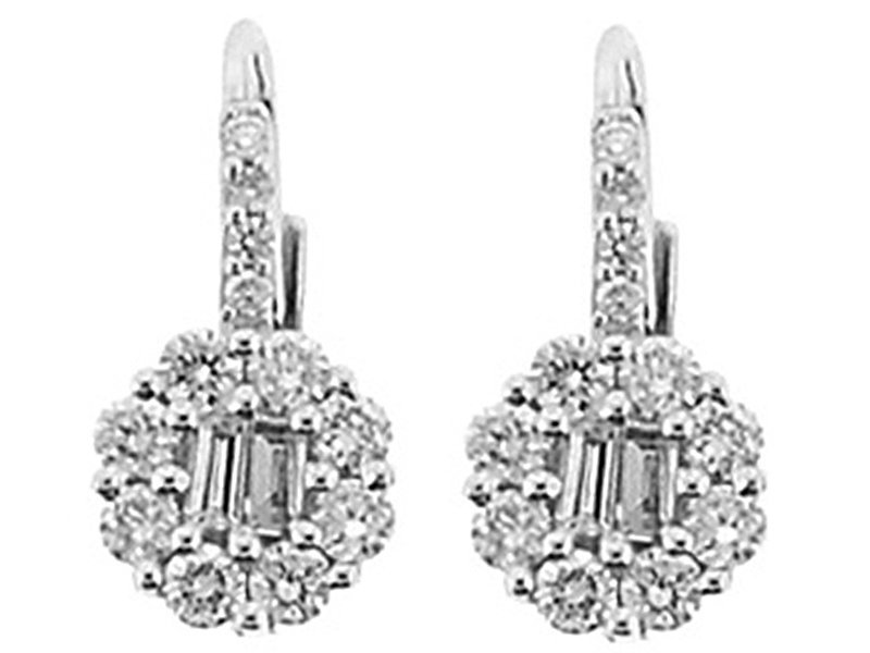 Dangling Halo Style Earrings with Baguette and Round Diamonds Set in 18k White Gold