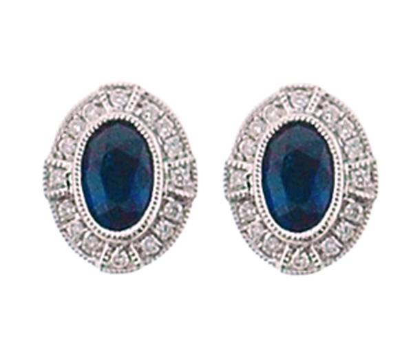 Oval Sapphire Post Back Stud Earrings with Diamonds and Beaded Milgrain in 18K White Gold