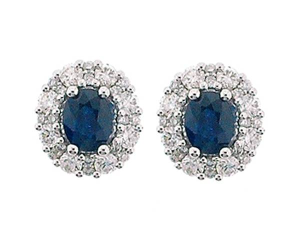 Oval Sapphire Stud Earrings with Diamond Halo in 18K White Gold
