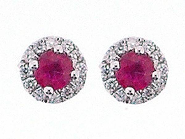 Round Ruby Post Back Stud Earrings with Single Diamond Halo Set in 18K White Gold
