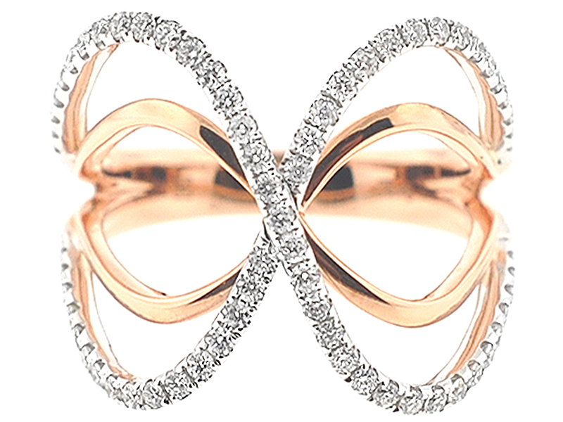 Two Tone X Style Crossover Statement Ring in 18K Rose Gold with Diamonds Set in 18K White Gold