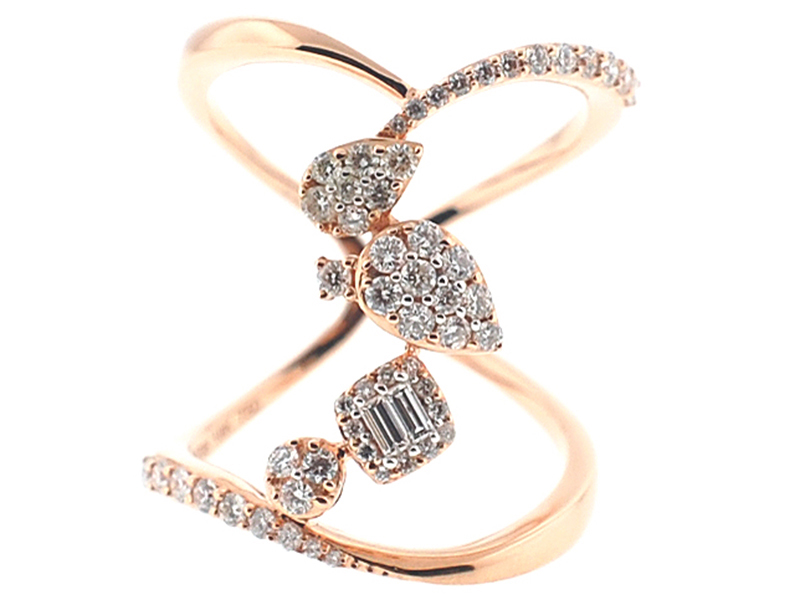 Openwork Cocktail Fashion Ring with Baguette and Round Diamonds in 18K Rose Gold