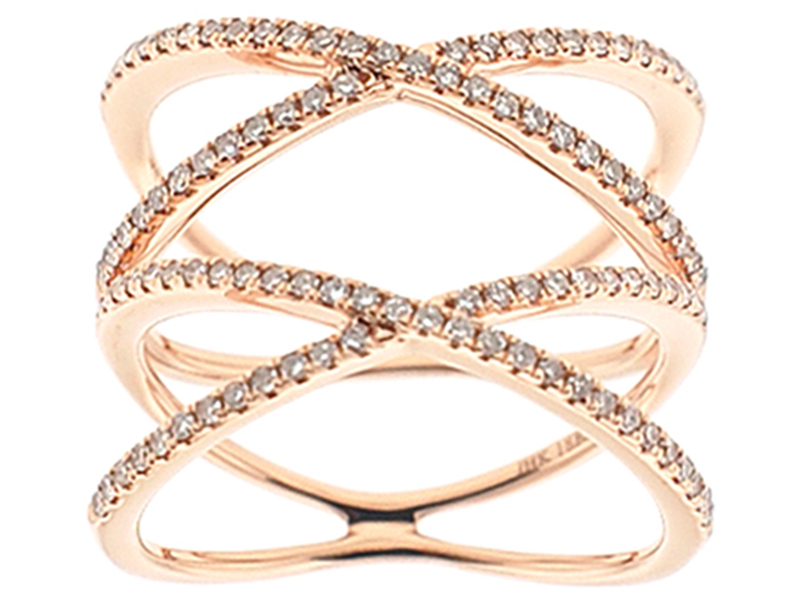 Open Crossover Ring with Intersecting Rows of Diamonds in 18k Rose Gold