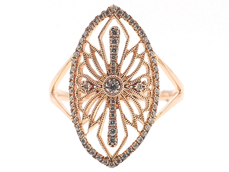 Marquise Shaped Split Shank Statement Ring with Diamonds and Filigree Design in 18k Rose Gold