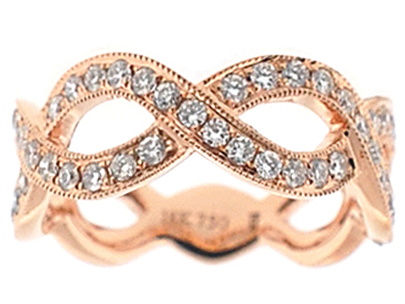 Twist Style Right Hand Fashion Ring with Rows of Diamonds Bordered by Beaded Milgrain in 18K Rose Gold