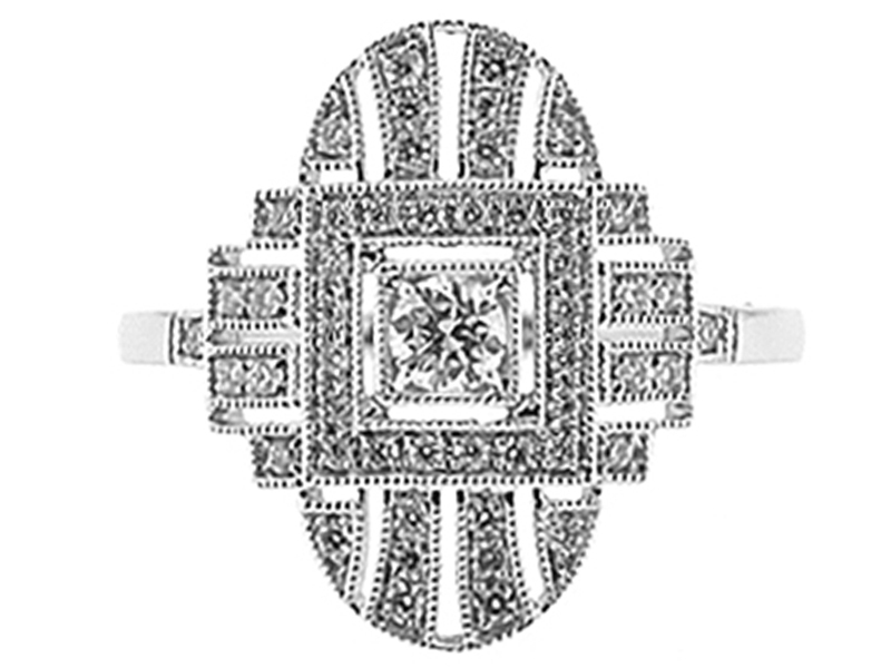 Oval Shaped Statement Ring with Rows of Diamonds Surrounded by Beaded Milgrain in 18K White Gold