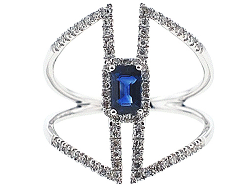 Single Halo Statement Ring with Sapphire Center and Diamonds Set in 18K White Gold