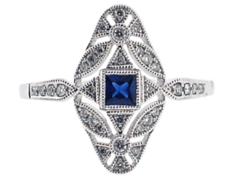 Vintage Inspired Statement Sapphire Ring with Diamonds and Beaded Milgrain Set in 18K White Gold