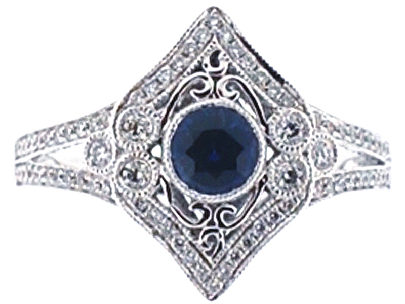 Vintage Inspired Bezel Set Sapphire and Diamond Split Shank Ring with Beaded Milgrain and Filigree Detail in 18K White Gold