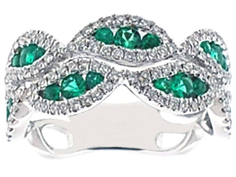 Wavy Right Hand Fashion Ring with Channel Set Emeralds Surrounded by Diamonds in 18K White Gold