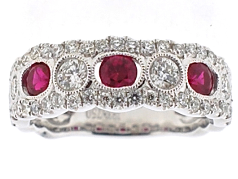 3 Stone Channel Set Ruby Right Hand Fashion Ring with Bezel Set Diamonds in 18K White Gold