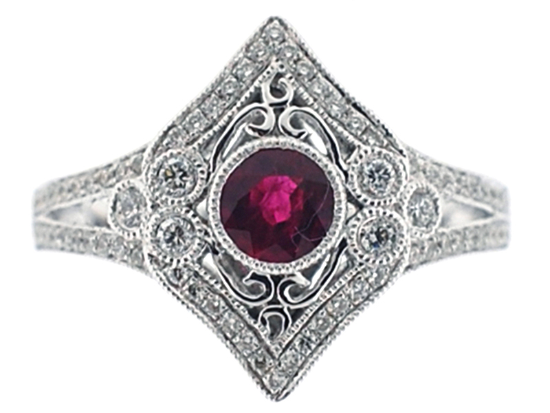 Vintage Inspired Bezel Set Ruby and Diamond Split Shank Ring with Beaded Milgrain and Filigree Detail in 18K White Gold