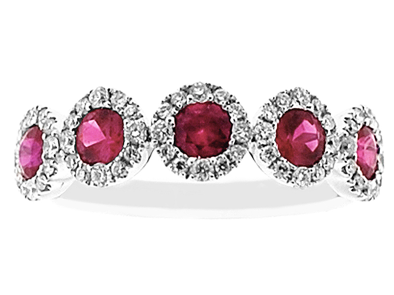 5 Stone Ruby Ring with Diamond Halos on Each in 18K White Gold