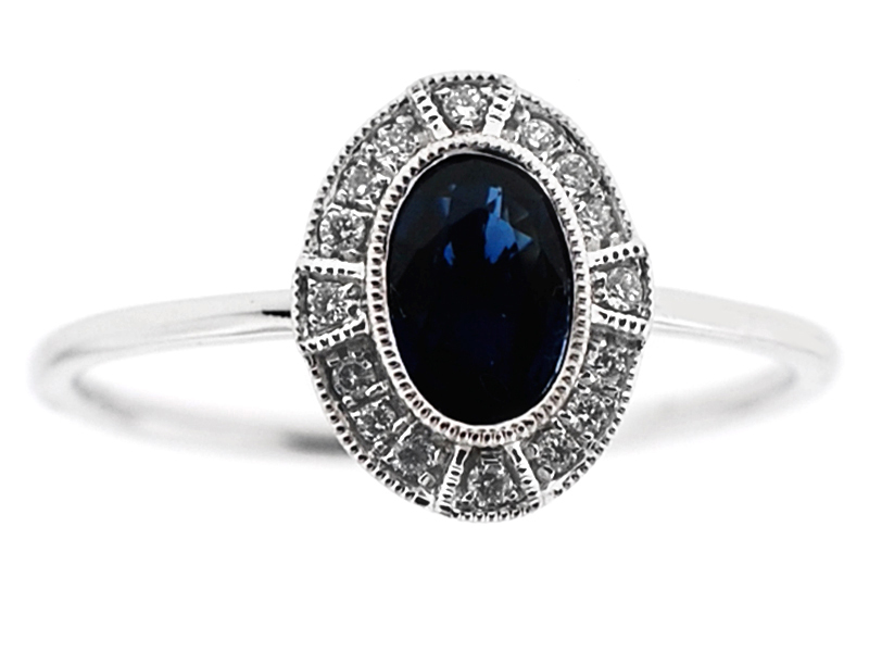 Vintage Inspired Oval Sapphire Ring with Diamonds and Beaded Milgrain in 18K White Gold
