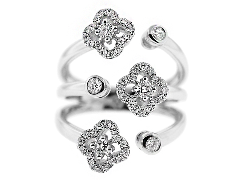 Bypass Statement Ring with Clover Design and Bezel Set Diamonds in 14K White Gold