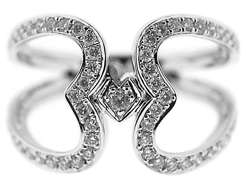 Double Heart Bypass Style Ring Connected by Single Diamond Center in 18K White Gold