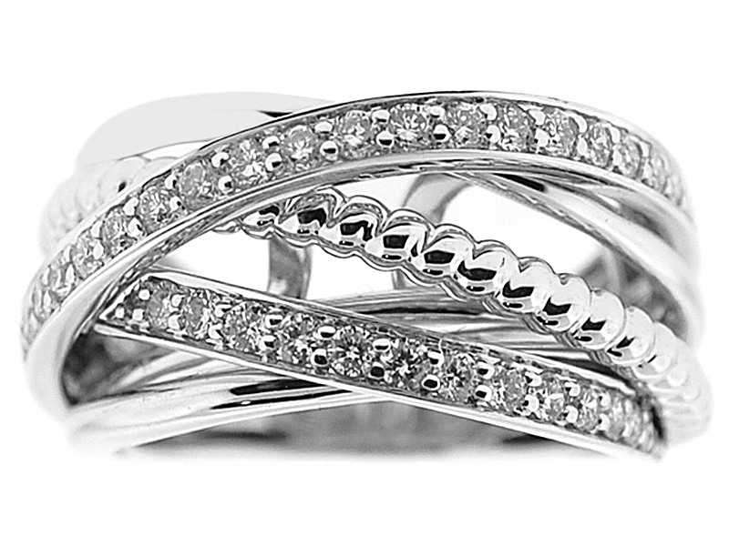 Overlapping Crossover Style Ring with Diamonds and Rope Design in 18K White Gold
