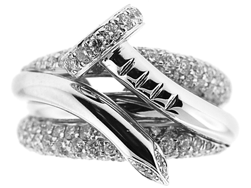 Screw Like Design Crossover Statement Ring with Pavé Set Diamonds in 18K White Gold