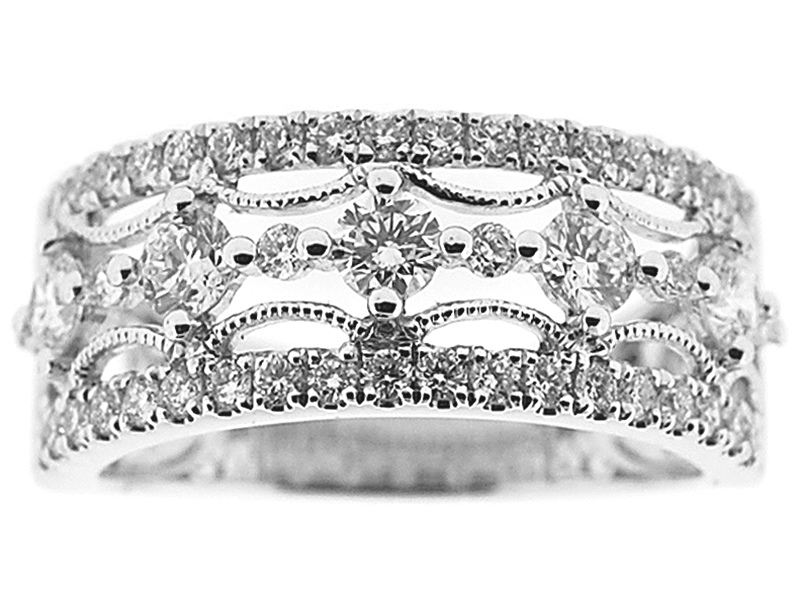 Right Hand Diamond Fashion Ring with Beaded Milgrain and Filigree Design in 18K White Gold