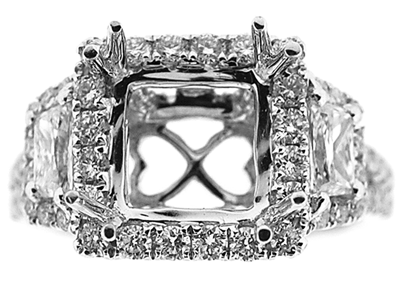 Semi-Mount Split Shank Square Halo Engagement Ring with Round and Trapezoid Cut Diamonds in 18k White Gold