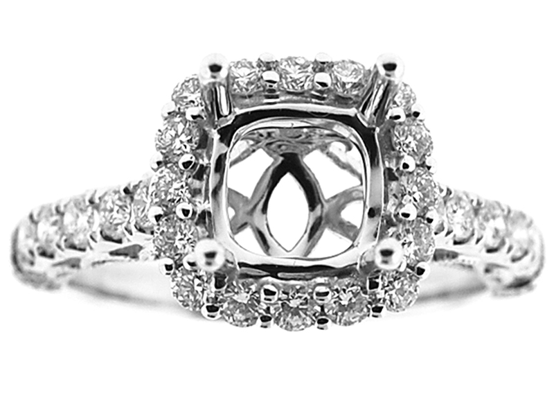 Semi-Mount Square Halo Engagement Ring with Diamonds Set in 18k White Gold