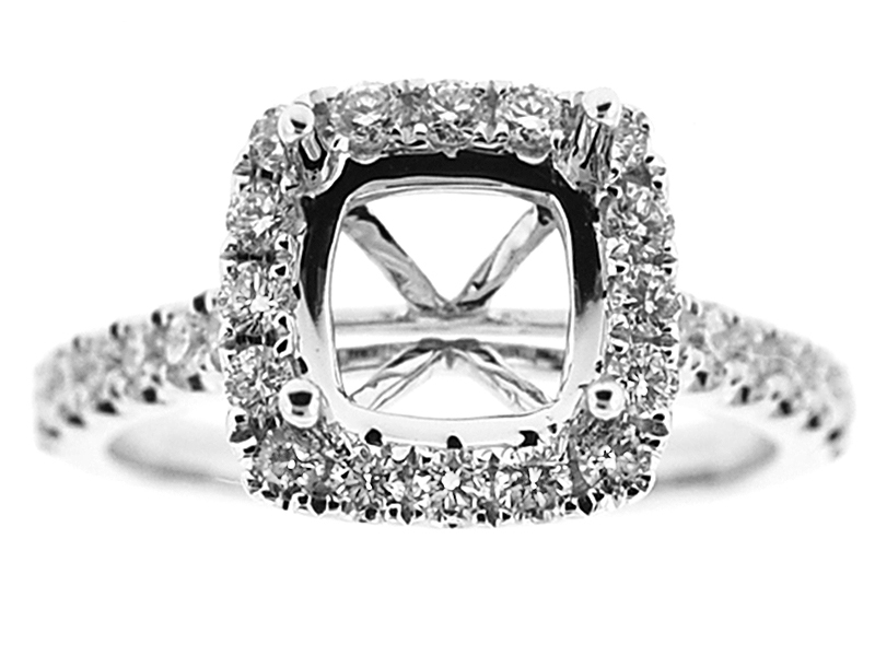 Semi-Mount Square Halo Engagement Ring with Diamonds Set in 18k White Gold