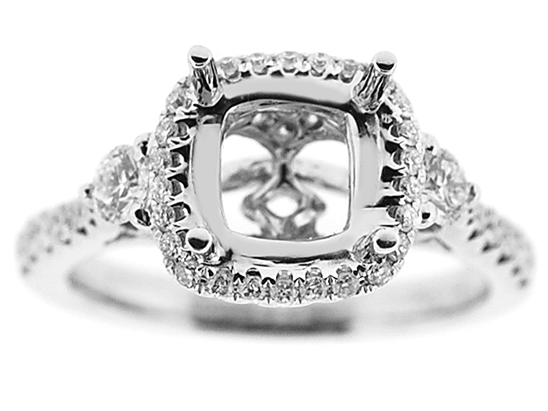 Semi-Mount Square Halo Engagement Ring with Diamonds Set in 18k White Gold