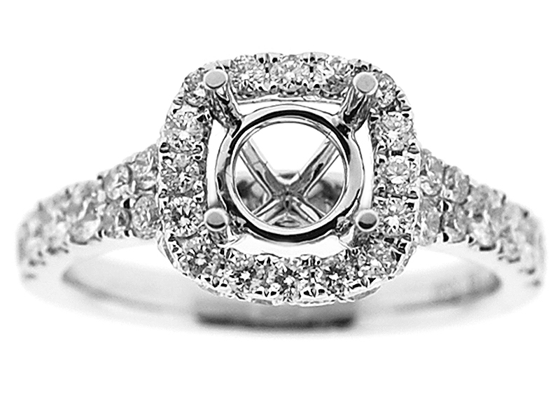 Semi-Mount Square Halo Engagement Ring with Double Row of Diamonds Set in 18k White Gold