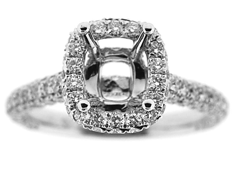 Semi-Mount Square Halo Engagement Ring with Pavé Set Diamonds in 18k White Gold