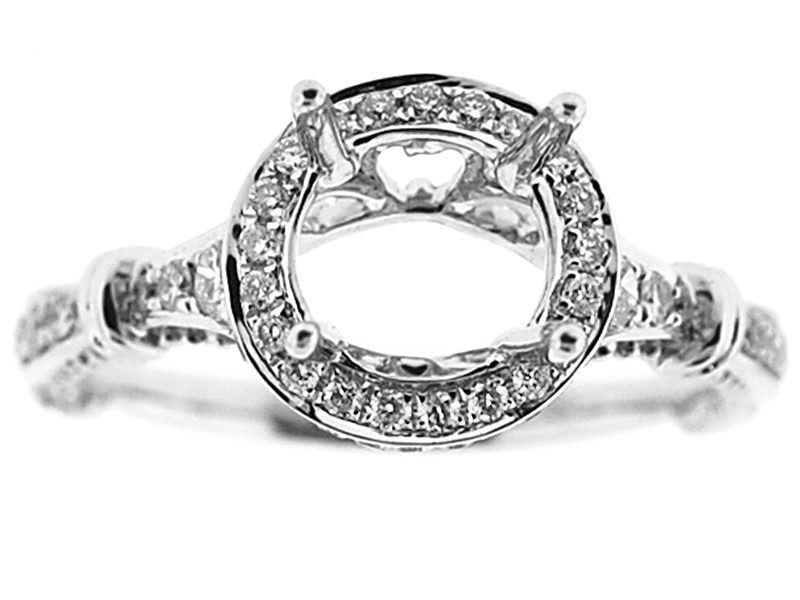 Semi-Mount Round Halo Engagement Ring with Beaded Milgrain and Diamonds Set in 18k White Gold