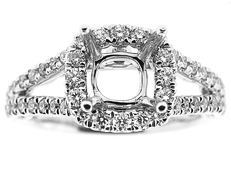 Semi-Mount Split Shank Square Halo Engagement Ring with Diamonds Set in 18k White Gold