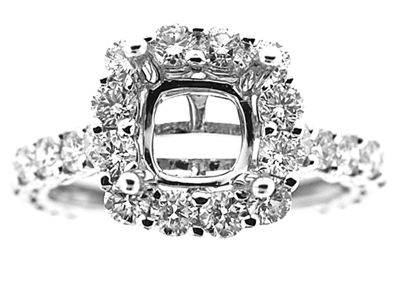 Semi-Mount Square Halo Engagement Ring with Diamonds Set in 18k White Gold