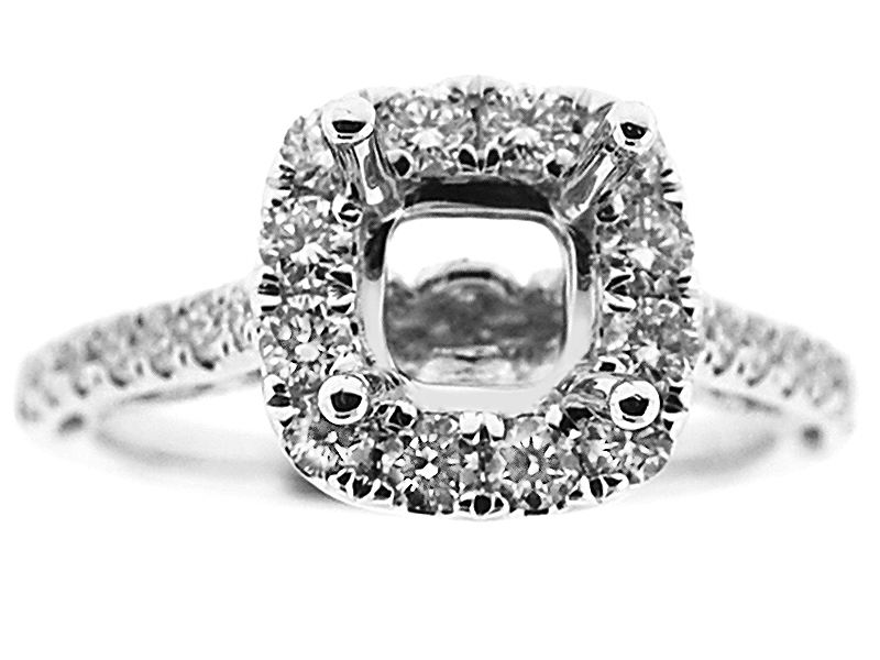 Semi-Mount Square Halo Engagement Ring with Milgrain Filigree and Diamonds Set in 18k White Gold