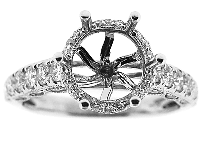 Semi-Mount Round Halo Engagement Ring with Beaded Milgrain and Diamonds in 14k White Gold