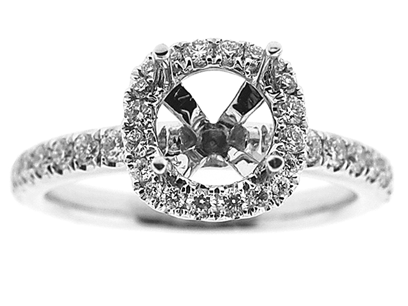 Semi-Mount Round Halo Engagement Ring with Diamonds Set in 18k White Gold