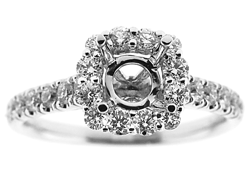 Semi-Mount Rounded Square Halo Engagement Ring with Diamonds Set in 18k White Gold