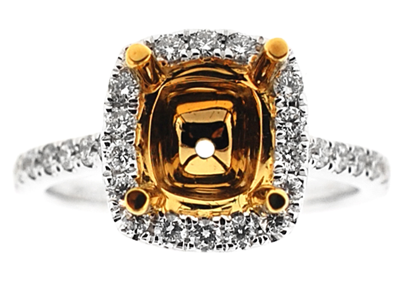 Two Tone Semi-Mount Split Shank Diamond Engagement Ring with Square Halo in 18k Yellow and White Gold