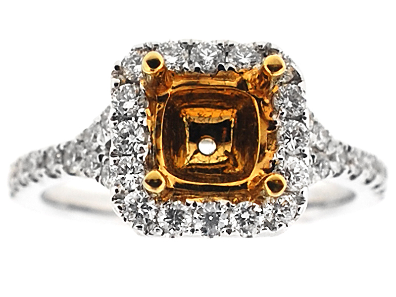 Two Tone Semi-Mount Split Shank Diamond Engagement Ring with Square Halo in 18k Rose and White Gold