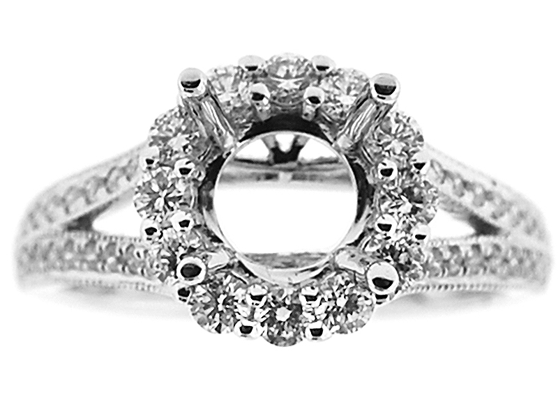 Semi Mount Split Shank Halo Engagement Ring with Diamonds Set in 18k White Gold