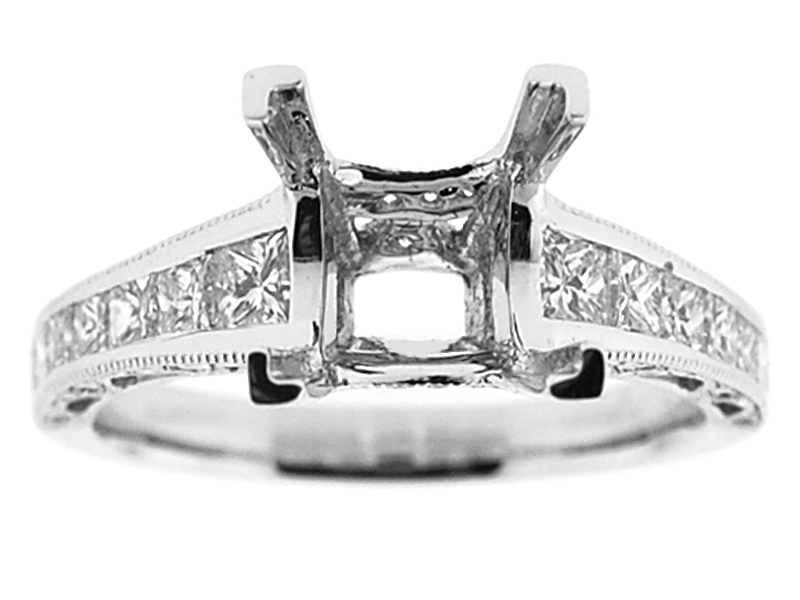 4 Prong Semi-Mount Milgrain Engraved Engagement Ring with Channel Set Princess Cut Diamonds and Micro-Pavé Set Round Diamonds in 18k White Gold