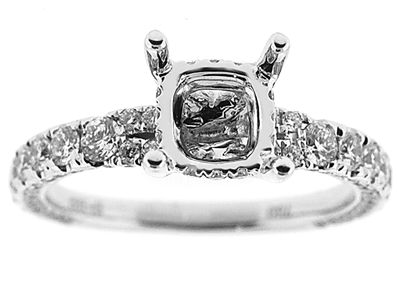 4 Prong Semi Mount Engagement Ring with a Twist Side Profile of Pavé Set Diamonds in 18k White Gold