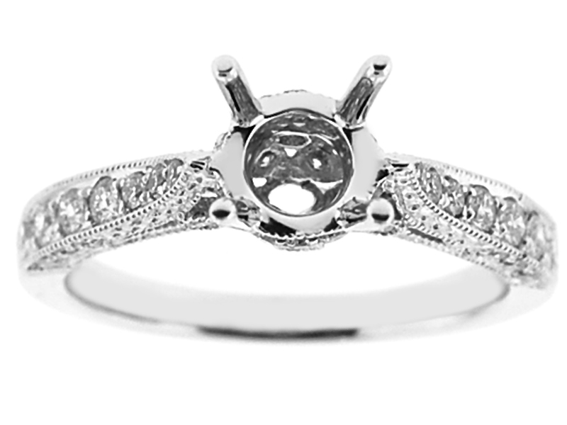 4 Prong Semi Mount Milgrain Engraved Engagement Ring with Prong, Pavé, and Bezel Set Diamonds in 18k White Gold