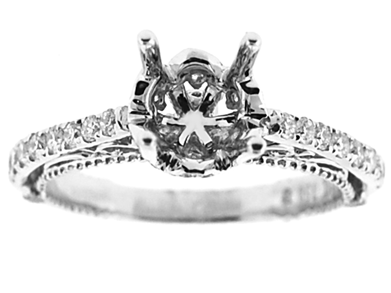 4 Prong Semi-Mount Milgrain Engraved Engagement Ring with Filigree Detail and Diamonds Set in 18k White Gold